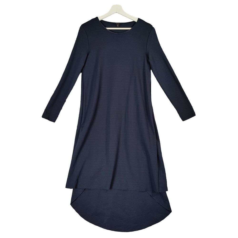 COS Womens Minimalist Quiet Luxe High Low T-Line Dress S Navy Pocket Long Sleeve